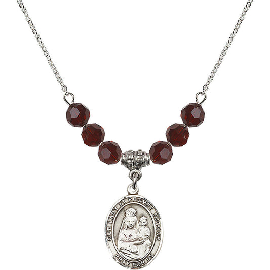 Sterling Silver Our Lady of Prompt Succor Birthstone Necklace with Garnet Beads - 8299