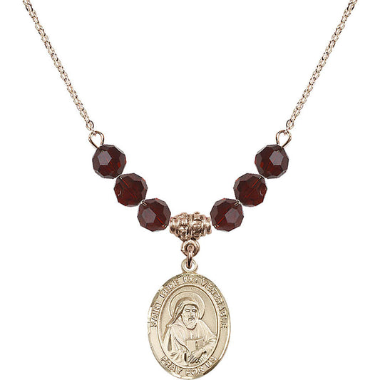 14kt Gold Filled Saint Bede the Venerable Birthstone Necklace with Garnet Beads - 8302