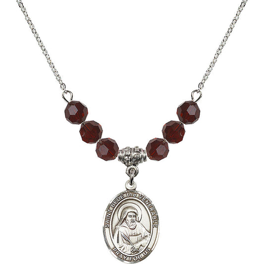 Sterling Silver Saint Bede the Venerable Birthstone Necklace with Garnet Beads - 8302