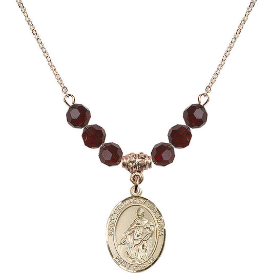 14kt Gold Filled Saint Thomas of Villanova Birthstone Necklace with Garnet Beads - 8304