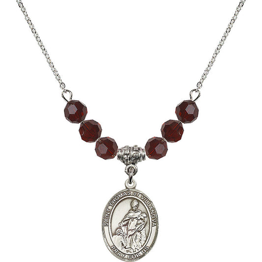 Sterling Silver Saint Thomas of Villanova Birthstone Necklace with Garnet Beads - 8304