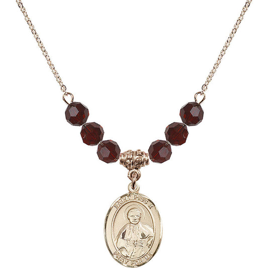 14kt Gold Filled Saint Pius X Birthstone Necklace with Garnet Beads - 8305