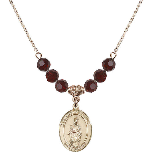 14kt Gold Filled Our Lady of Victory Birthstone Necklace with Garnet Beads - 8306