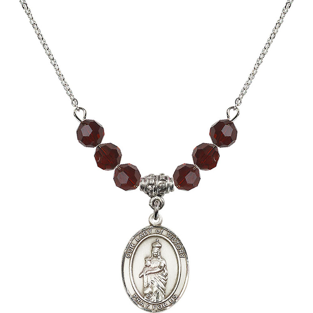 Sterling Silver Our Lady of Victory Birthstone Necklace with Garnet Beads - 8306