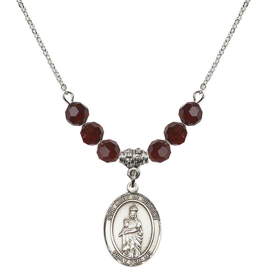 Sterling Silver Our Lady of Victory Birthstone Necklace with Garnet Beads - 8306
