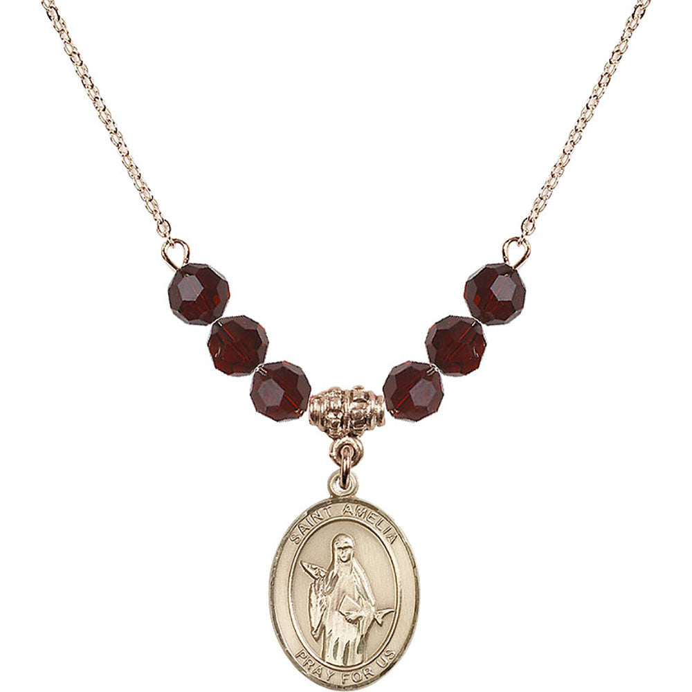 14kt Gold Filled Saint Amelia Birthstone Necklace with Garnet Beads - 8313