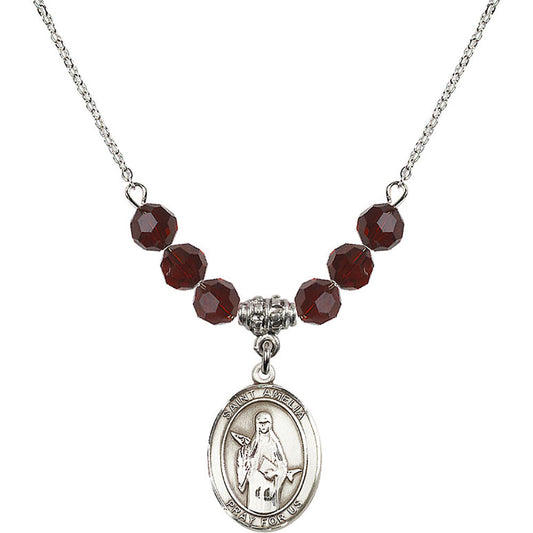 Sterling Silver Saint Amelia Birthstone Necklace with Garnet Beads - 8313