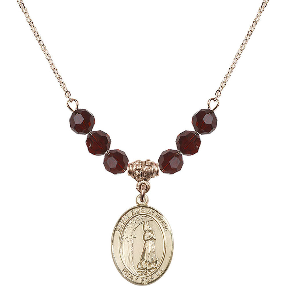 14kt Gold Filled Saint Zoe of Rome Birthstone Necklace with Garnet Beads - 8314