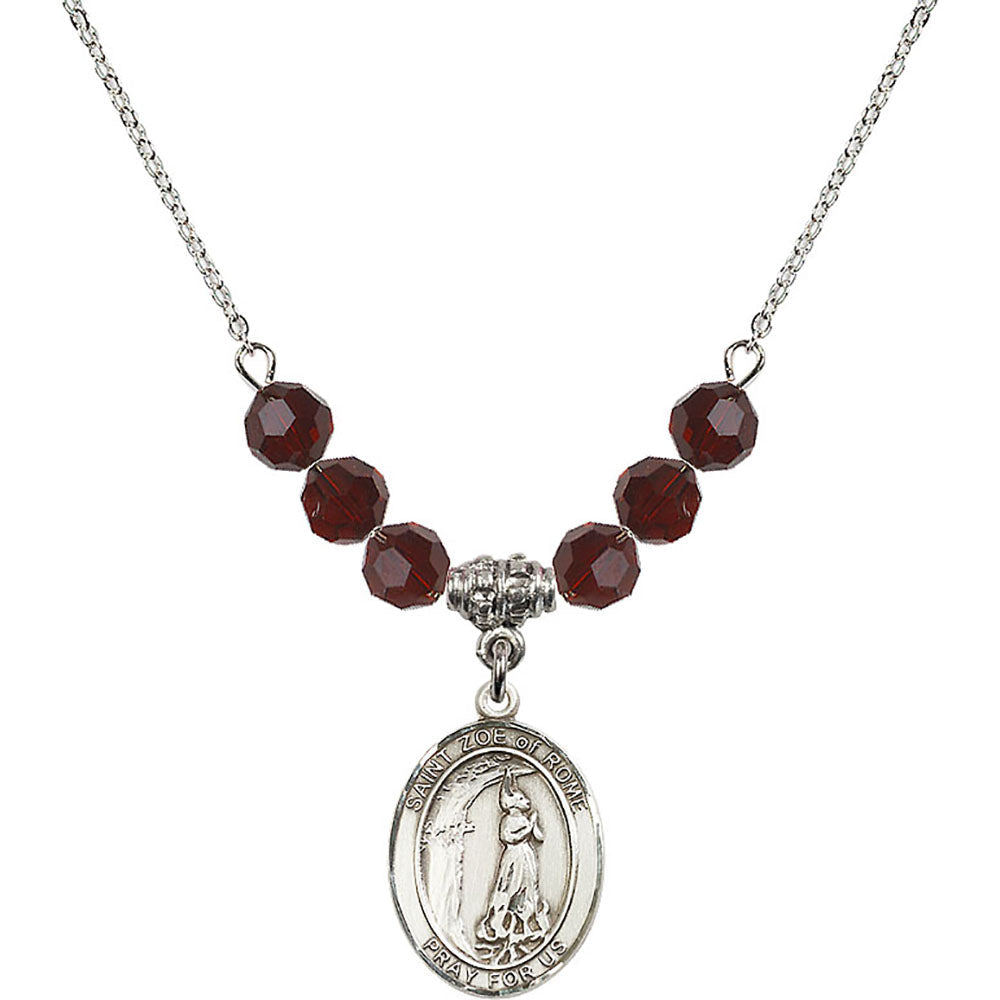 Sterling Silver Saint Zoe of Rome Birthstone Necklace with Garnet Beads - 8314