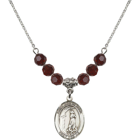 Sterling Silver Saint Zoe of Rome Birthstone Necklace with Garnet Beads - 8314