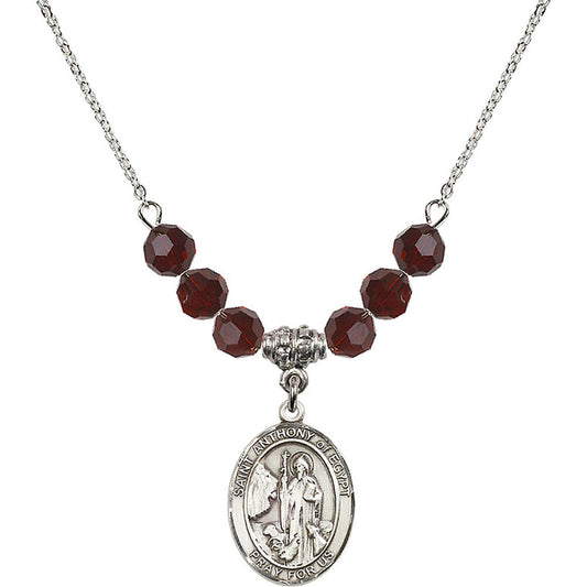 Sterling Silver Saint Anthony of Egypt Birthstone Necklace with Garnet Beads - 8317