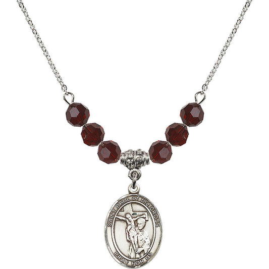 Sterling Silver Saint Paul of the Cross Birthstone Necklace with Garnet Beads - 8318