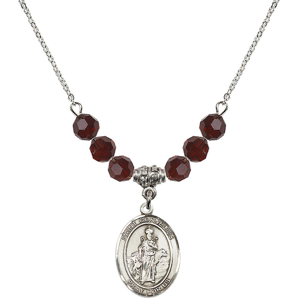 Sterling Silver Saint Cornelius Birthstone Necklace with Garnet Beads - 8325
