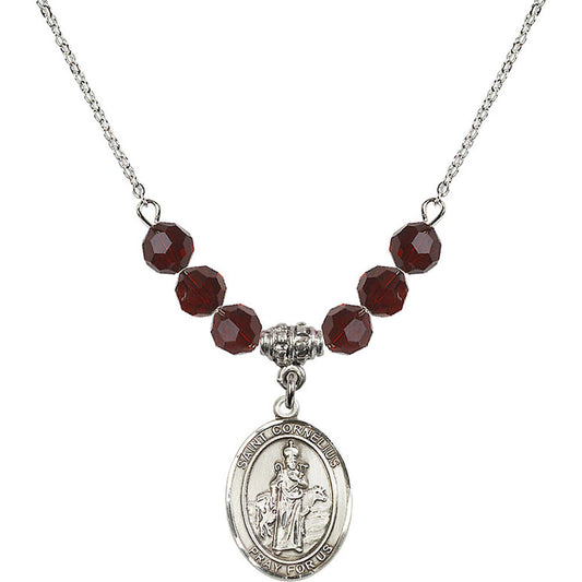 Sterling Silver Saint Cornelius Birthstone Necklace with Garnet Beads - 8325
