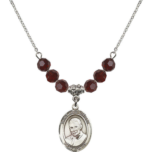 Sterling Silver Saint Luigi Orione Birthstone Necklace with Garnet Beads - 8326