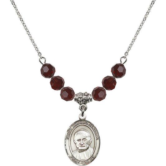 Sterling Silver Saint Arnold Janssen Birthstone Necklace with Garnet Beads - 8328