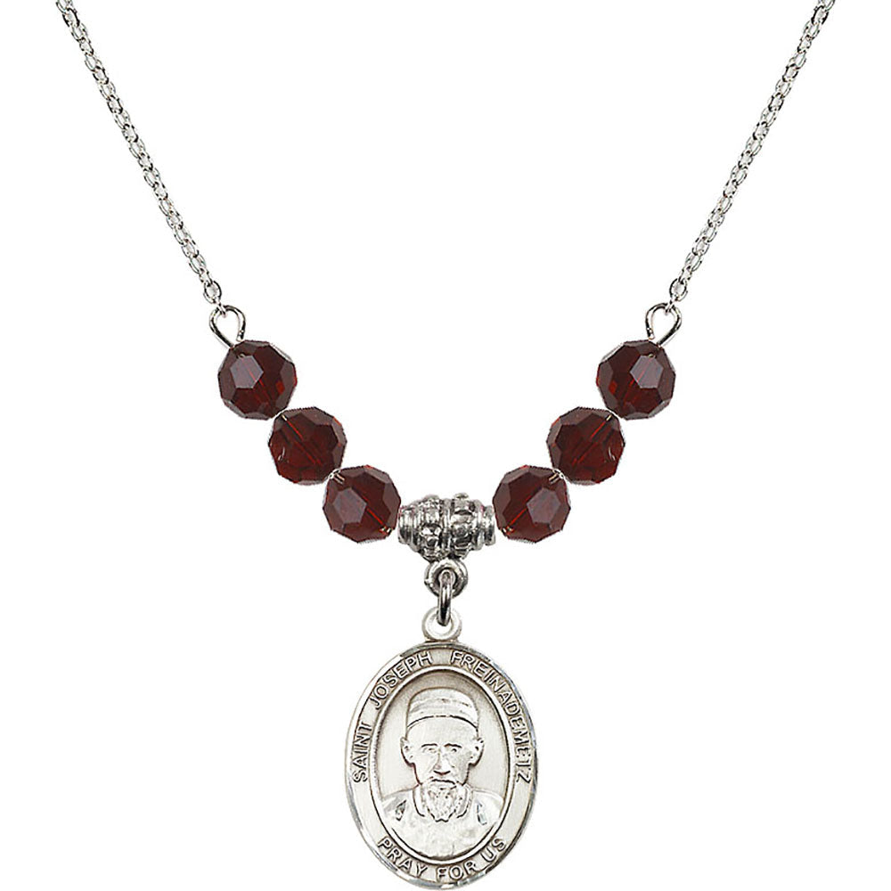 Sterling Silver Saint Joseph Freinademetz Birthstone Necklace with Garnet Beads - 8329