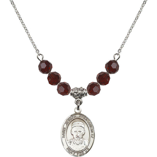 Sterling Silver Saint Joseph Freinademetz Birthstone Necklace with Garnet Beads - 8329