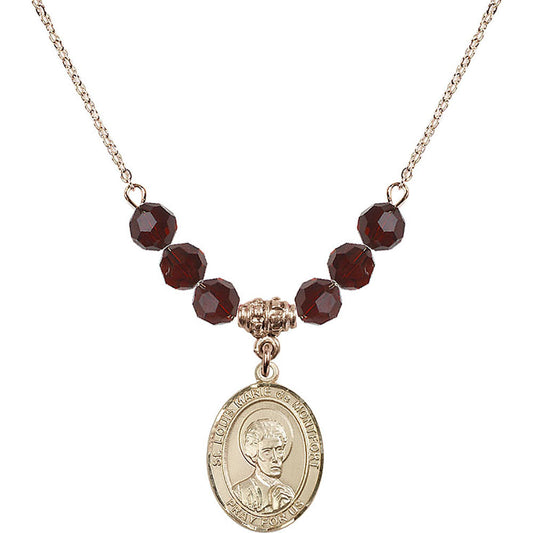 14kt Gold Filled Saint Louis Marie de Montfort Birthstone Necklace with Garnet Beads - 8330