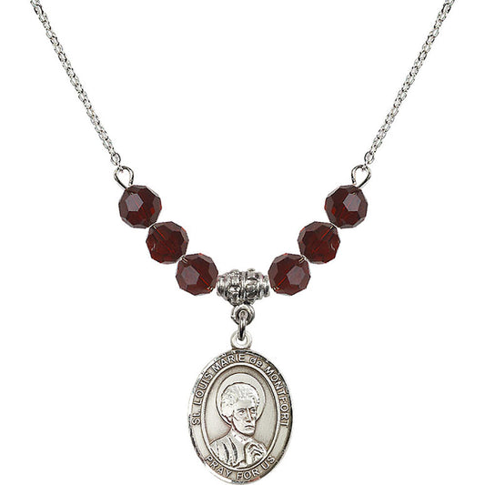 Sterling Silver Saint Louis Marie de Montfort Birthstone Necklace with Garnet Beads - 8330