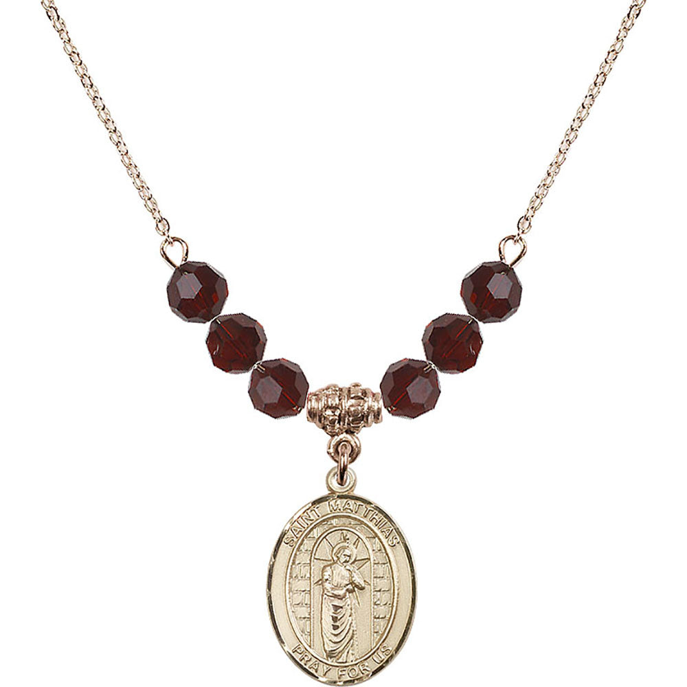 14kt Gold Filled Saint Matthias the Apostle Birthstone Necklace with Garnet Beads - 8331