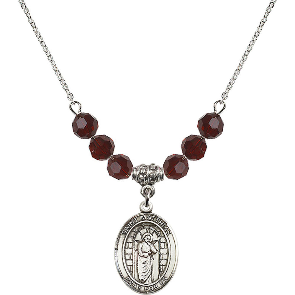 Sterling Silver Saint Matthias the Apostle Birthstone Necklace with Garnet Beads - 8331