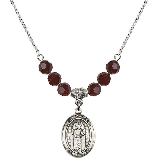 Sterling Silver Saint Matthias the Apostle Birthstone Necklace with Garnet Beads - 8331
