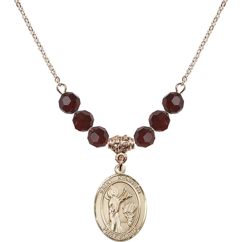 14kt Gold Filled Saint Kenneth Birthstone Necklace with Garnet Beads - 8332