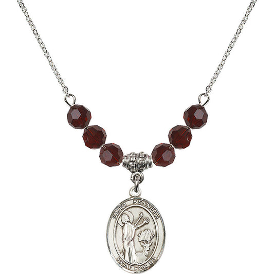 Sterling Silver Saint Kenneth Birthstone Necklace with Garnet Beads - 8332
