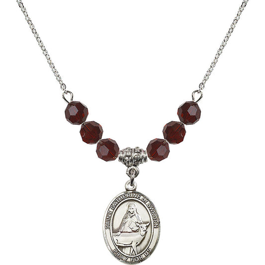 Sterling Silver Saint Catherine of Sweden Birthstone Necklace with Garnet Beads - 8336