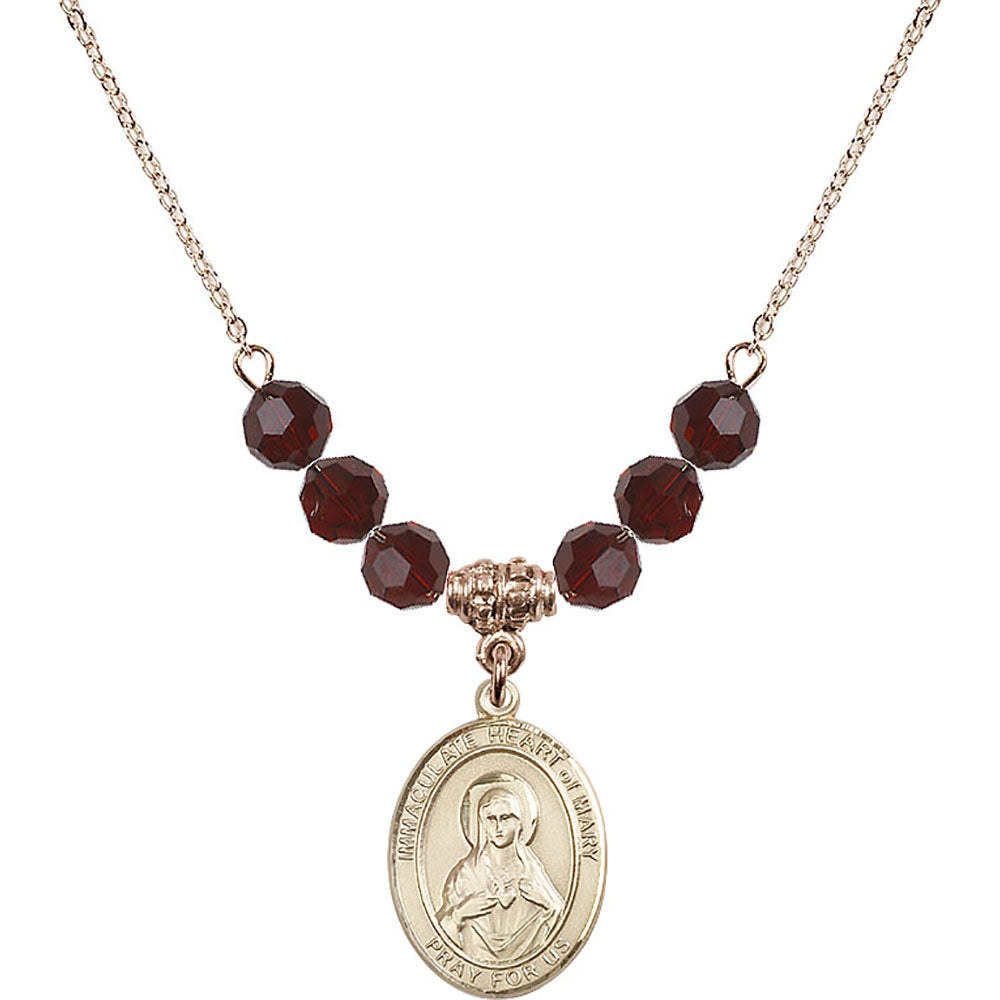 14kt Gold Filled Immaculate Heart of Mary Birthstone Necklace with Garnet Beads - 8337