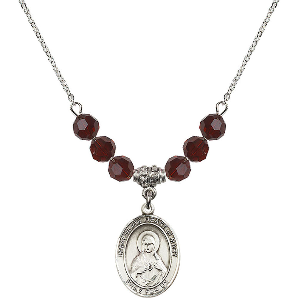 Sterling Silver Immaculate Heart of Mary Birthstone Necklace with Garnet Beads - 8337
