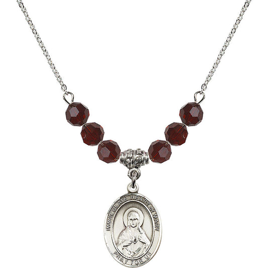 Sterling Silver Immaculate Heart of Mary Birthstone Necklace with Garnet Beads - 8337