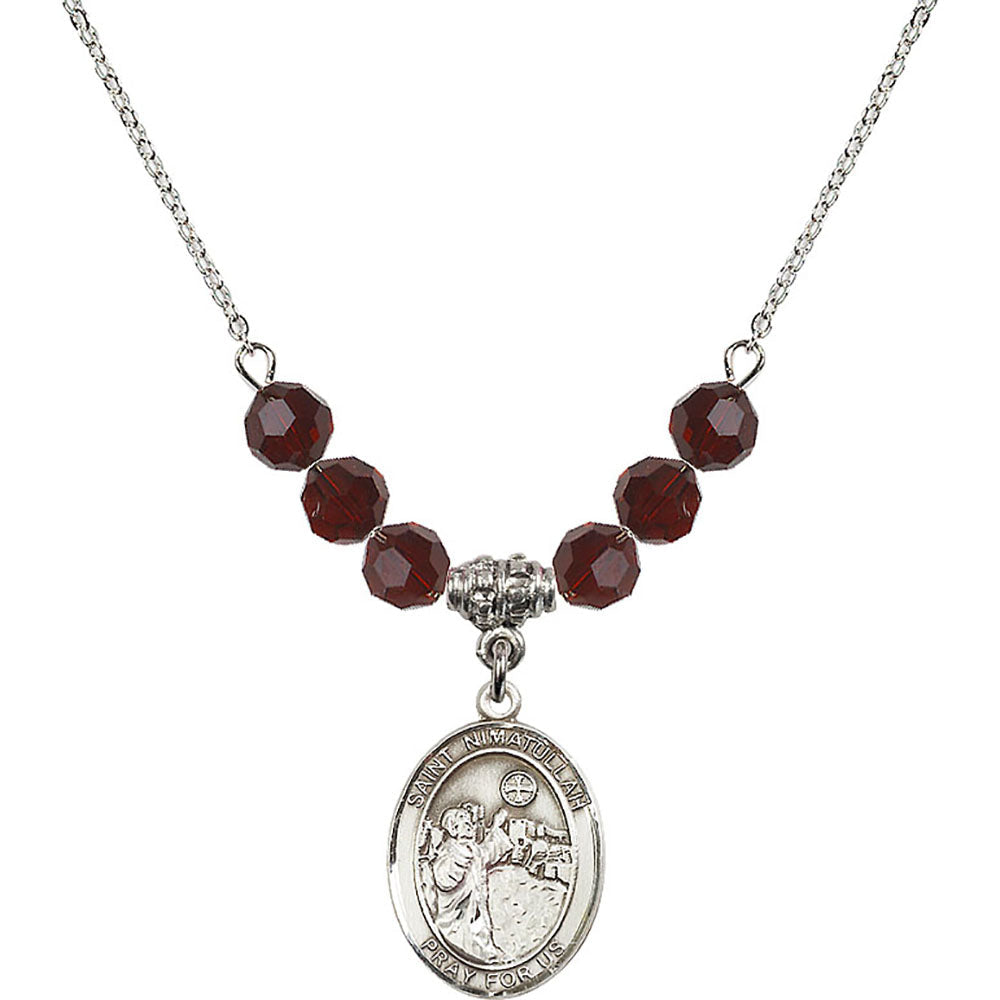 Sterling Silver Saint Nimatullah Birthstone Necklace with Garnet Beads - 8339