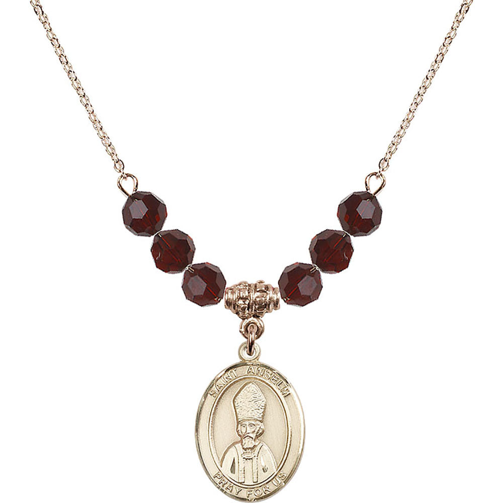 14kt Gold Filled Saint Anselm of Canterbury Birthstone Necklace with Garnet Beads - 8342