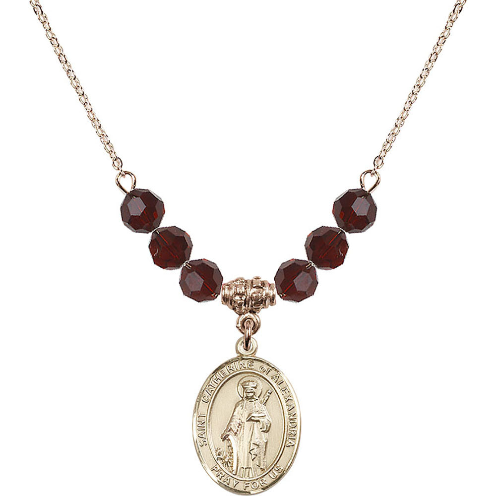 14kt Gold Filled Saint Catherine of Alexandria Birthstone Necklace with Garnet Beads - 8343