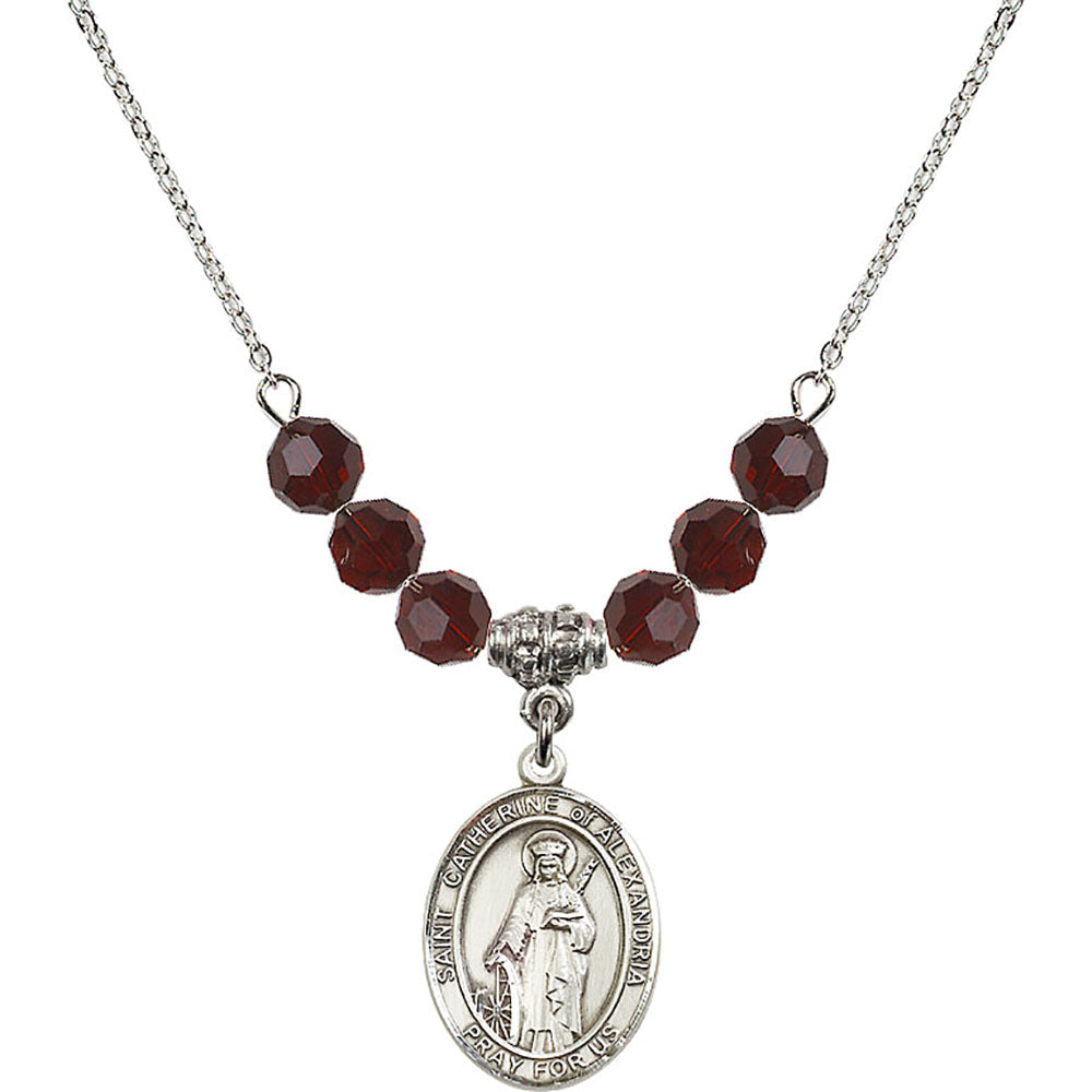 Sterling Silver Saint Catherine of Alexandria Birthstone Necklace with Garnet Beads - 8343