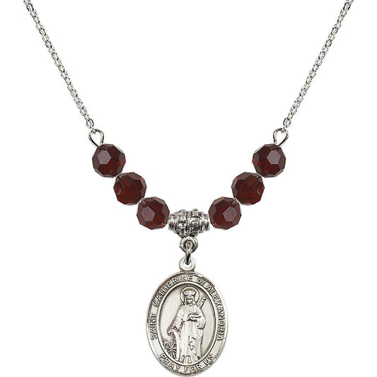 Sterling Silver Saint Catherine of Alexandria Birthstone Necklace with Garnet Beads - 8343