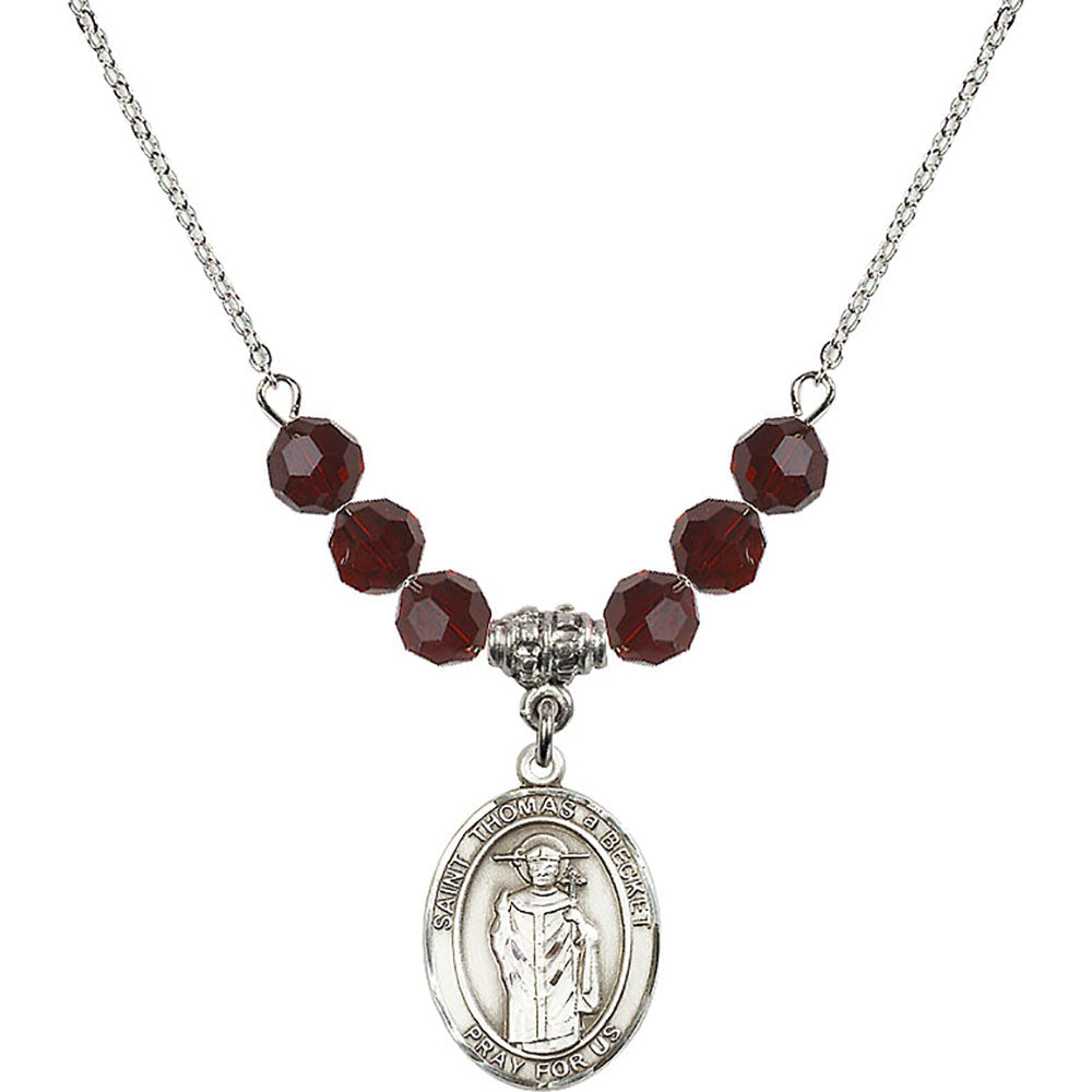 Sterling Silver Saint Thomas A Becket Birthstone Necklace with Garnet Beads - 8344