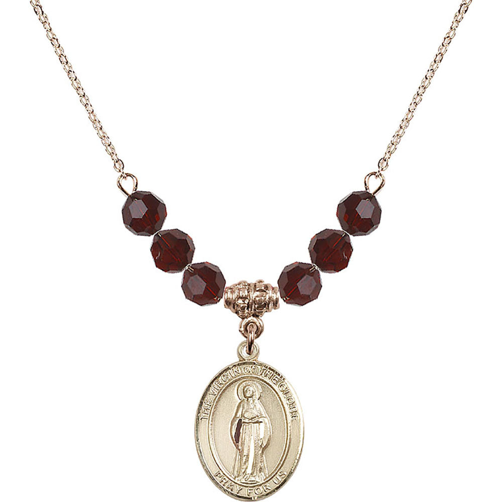 14kt Gold Filled Virgin of the Globe Birthstone Necklace with Garnet Beads - 8345