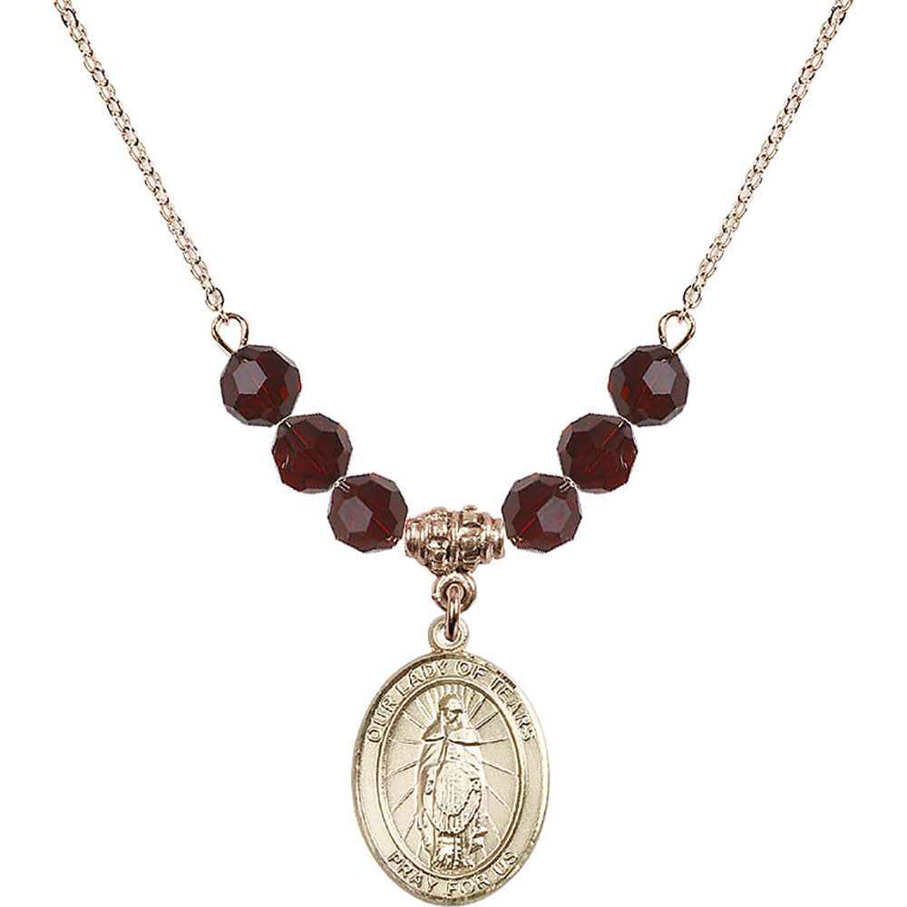14kt Gold Filled Our Lady of Tears Birthstone Necklace with Garnet Beads - 8346