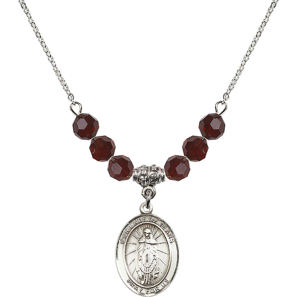 Sterling Silver Our Lady of Tears Birthstone Necklace with Garnet Beads - 8346