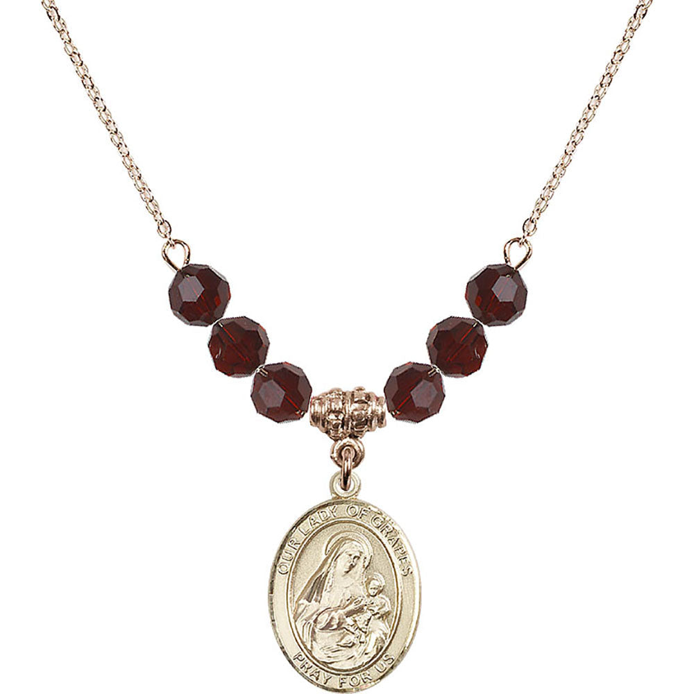 14kt Gold Filled Our Lady of Grapes Birthstone Necklace with Garnet Beads - 8347