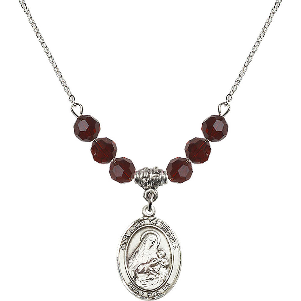Sterling Silver Our Lady of Grapes Birthstone Necklace with Garnet Beads - 8347