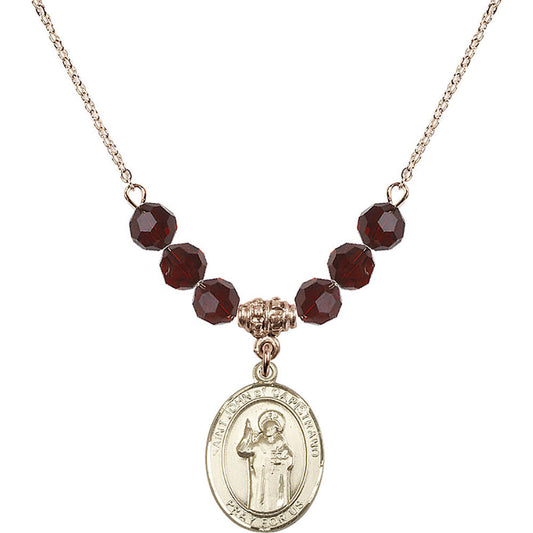 14kt Gold Filled Saint John of Capistrano Birthstone Necklace with Garnet Beads - 8350