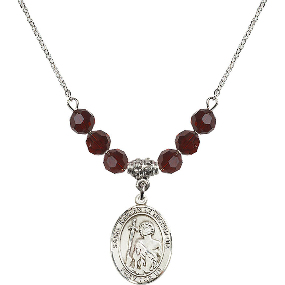 Sterling Silver Saint Adrian of Nicomedia Birthstone Necklace with Garnet Beads - 8353