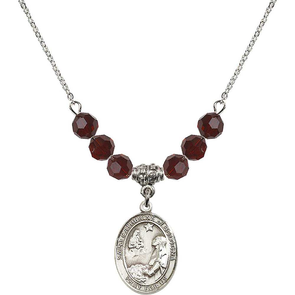 Sterling Silver Saint Catherine of Bologna Birthstone Necklace with Garnet Beads - 8354