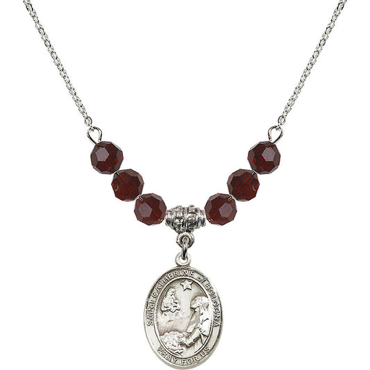Sterling Silver Saint Catherine of Bologna Birthstone Necklace with Garnet Beads - 8354