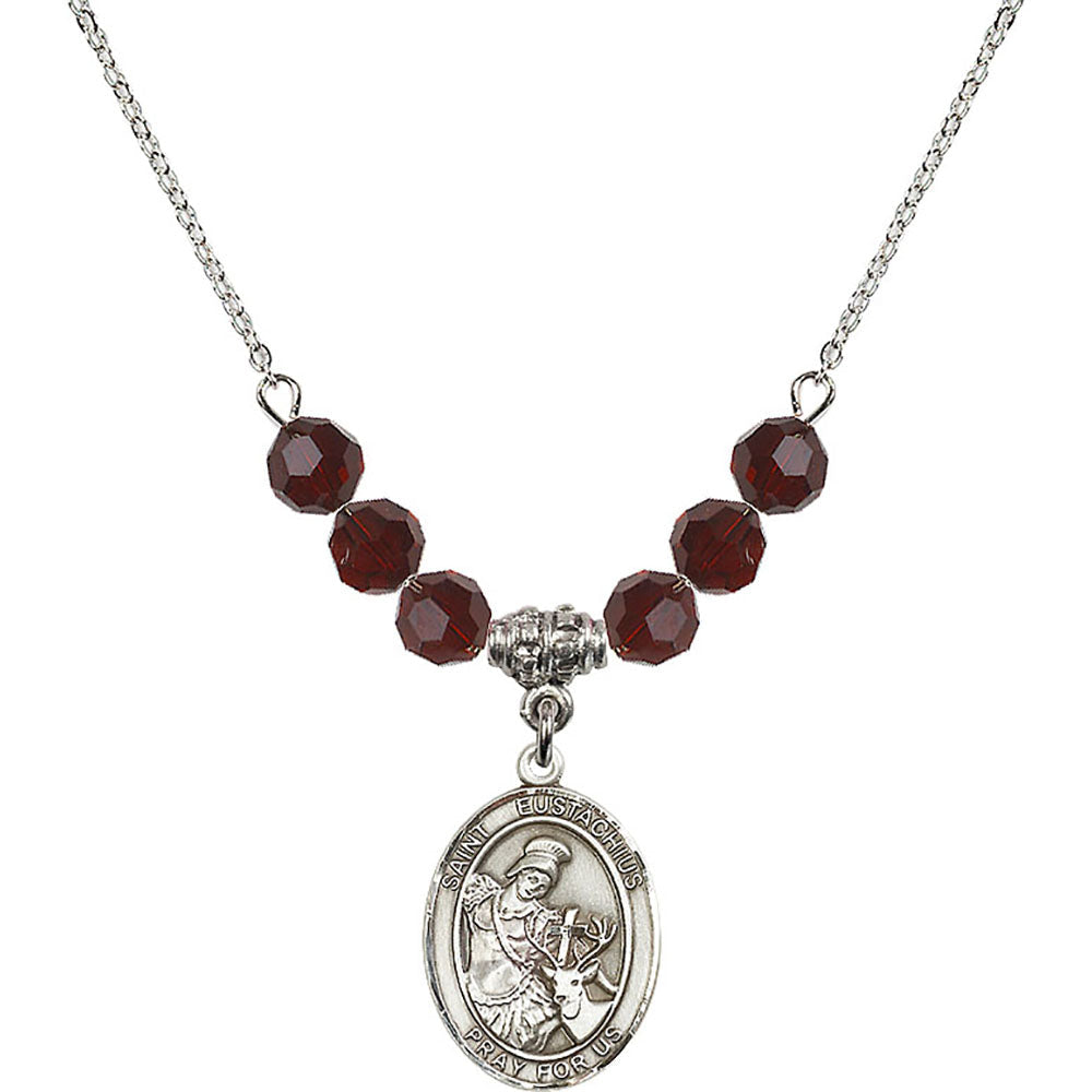 Sterling Silver Saint Eustachius Birthstone Necklace with Garnet Beads - 8356
