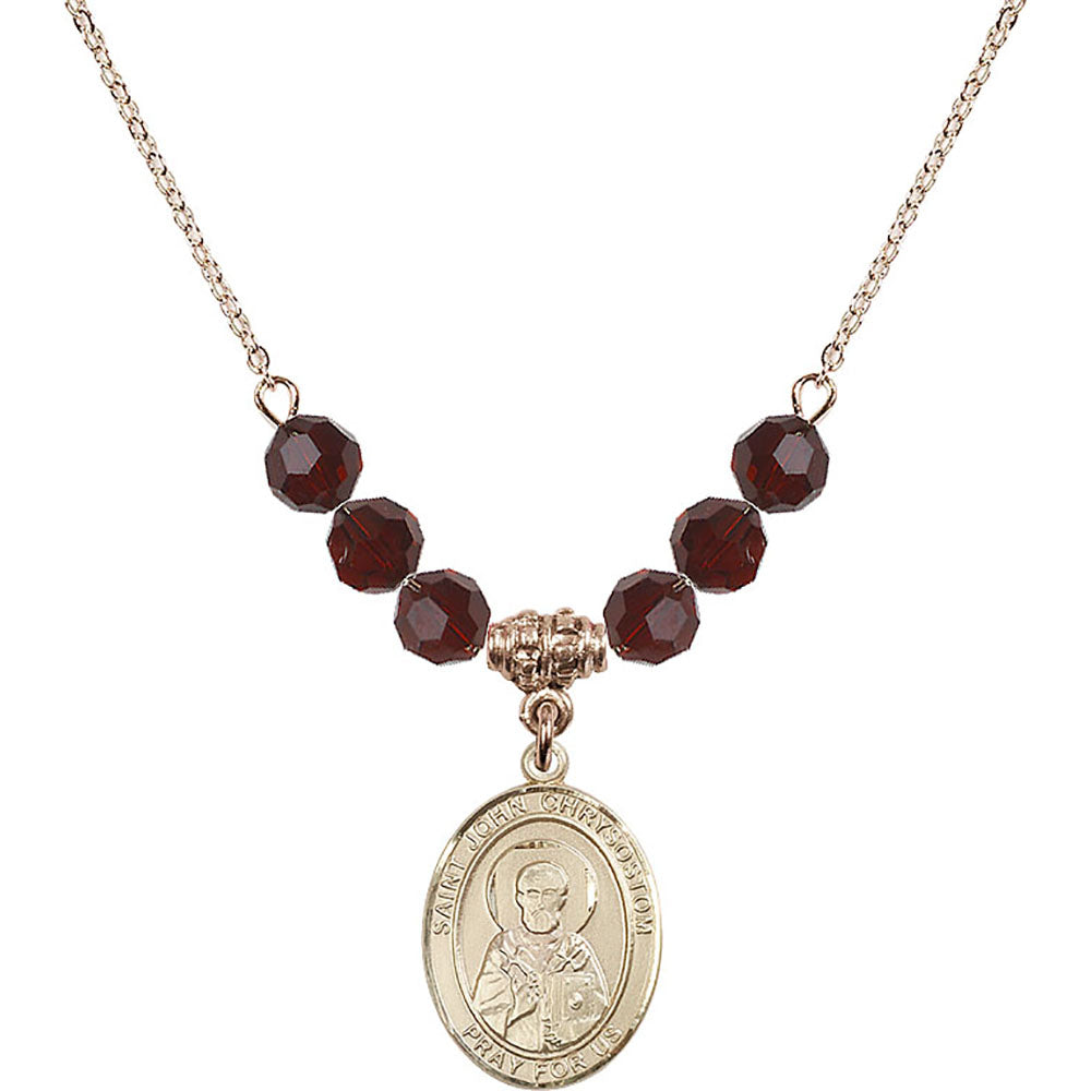 14kt Gold Filled Saint John Chrysostom Birthstone Necklace with Garnet Beads - 8357